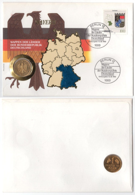 ФРГ 1 марка 1991 в конверте с маркой (КПД - Конверт первого дня Гашения) KM 110, J. 385 медно-никель, золочение UNC 9003-80