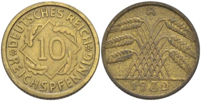 ГЕРМАНИЯ 10 РЕЙХСПФЕННИГОВ 1932 A KM 40, J. 317, Weege 9 алюминиевая бронза 210-412