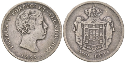 Португалия 500 реалов 1856 Педру V (1853-1861) KM 494 серебро 413-141