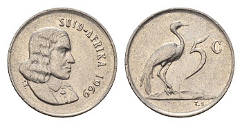 ЮАР 5 центов 1969 Ян ван Рибек (1619-1677), Suid Africa, легенда на африкаанс, райский журавль KM 67.2 медно-никель 4694-427
