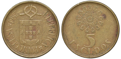 Португалия 5 эскудо 1987 KM 632 никель латунь 4142-1125