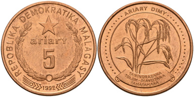 Мадагаскар 5 ариари 1992 KM 17 сталь плакированная медью UNC 4118-531