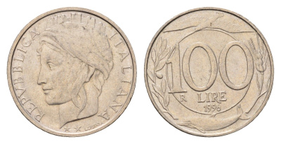 Италия 100 лир 1996 R, дельфины KM 159 медно-никель 4148-833