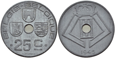 БЕЛЬГИЯ 25 САНТИМОВ 1945 BELGIE-BELGIQUE KM 132 цинк 4395-435