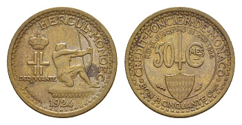 Монако 50 сантимов 1924 год-тип KM 110 алюминиевая бронза aUNC 5010-815