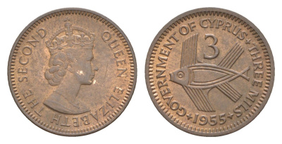 Кипр 3 миля 1955 Елизавета II (1952-2022), рыба KM 33 бронза UNC 4649-1155