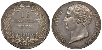 Изенбург 1 талер (16 марок) 1811 Карл Фридрих (1806-1815) AKS 2; Dav. 723; Kahnt 278; Thun 210 серебро 10-010-31