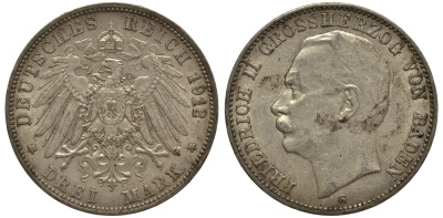 Баден 3 марки 1912 Фридрих II (1907-1918) J. 39, KM 280 серебро    3711-1725