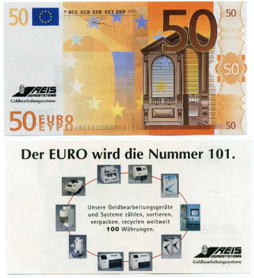 ГЕРМАНИЯ 50 ЕВРО 2001 ПРОБНЫЕ ЕВРОБАНКНОТЫ, ФИРМА REIS EUROSYSTEMS бумага UNC (ПРЕСС) 8613-1-3-1