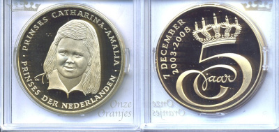 НИДЕРЛАНДЫ МЕДАЛЬ ND 5 ЛЕТ ПРИНЦЕССЕ НИДЕРЛАНДОВ КАТАРИНЕ-АМАЛИИ 2003-2008 бронза, позолота PROOF 5-3-1-82