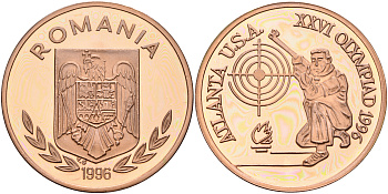 Румыния 100 леев 1996 XXVI Олимпийские игры 1996 года в Атланте, 100 лет Олимпийскому движению, стрельба, пробный выпуск, пифорт  медь  PROOF  1525-1313