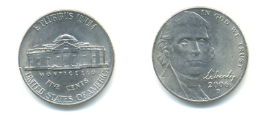 США 5 центов 2006 D, Джефферсон KM 381 медно-никель 86-647