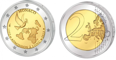 Монако 2 евро 2013 20 лет вступления в ООН KM 200 биметалл UNC M11-08