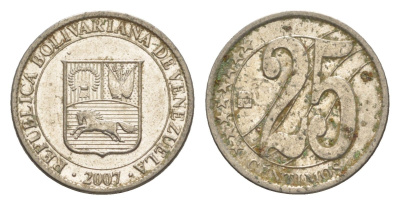 Венесуэла 25 сентимо 2007 Y 91 сталь плакированная никелем 4582-421