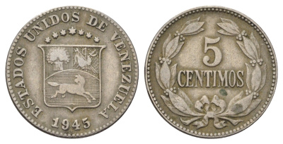 Венесуэла 5 сентимо 1945 Y 29a медно-никель 116-857