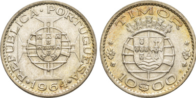 Португальский Тимор 10 эскудо 1964  KM 16 серебро  aUNC  413-5824