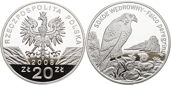 Польша 20 злотых 2008 серия всемирная природа, сапсан KM 637 серебро PROOF 01-150-12