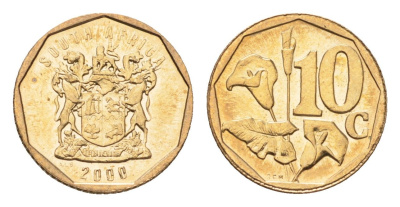 ЮАР 10 центов 2000 герб, цветок алоэ KM 161 сталь плакированная бронзой UNC 4694-759