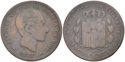 ИСПАНИЯ 5 СЕНТИМО 1877 ОМ, АЛЬФОНСО XII KM 674 бронза 3853-1235