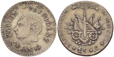 Гаити 25 сантимов 1828 AN 25, Президент Жан Пьер Буайе (1818-10843) KM 18.1 серебро 413-233