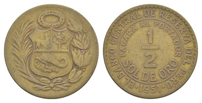 Перу 1/2 соль 1951 редкий год KM 220 латунь 4620-227