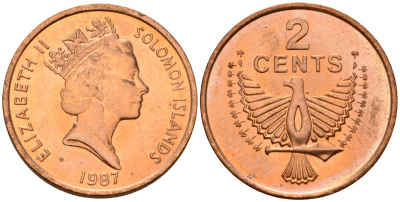 Соломоновы Острова 2 цента 1987 Елизавета II (1953-) KM 25 сталь плакированная бронзой aUNC 4566-254