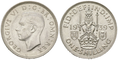Великобритания 1 шиллинг 1939 Георг VI (1936-1952), Шотландский герб KM 854, Spink 4083 серебро aUNC 4619-826