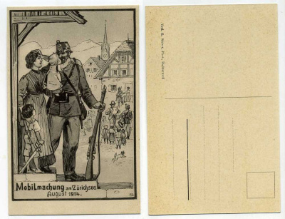 ШВЕЙЦАРИЯ ОТКРЫТКА 1914 I-АЯ МИРОВАЯ ВОЙНА, МОБИЛИЗАЦИЯ АВГУСТА 1914, СОЛДАТ ПРОЩАЕТСЯ С СЕМЬЕЙ бумага 2193-39
