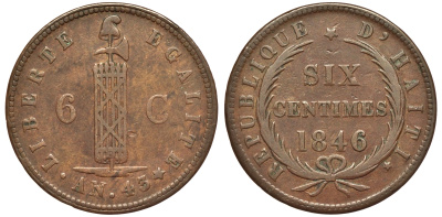 Гаити 6 сантимов 1846 43 год KM 28 медь 1526-534