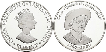 Тристан-да-Кунья 50 пенсов 2000 серия королева Елизавета - королева мать, тираж 10000 экз. KM 10а серебро PROOF 04-317-11