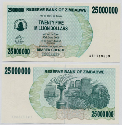 Зимбабве 25000000 долларов 2008 2 апреля 2008, факел, Хараре Pick 56 бумага UNC (пресс) 448-52-3