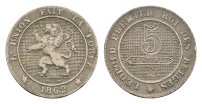 Бельгия 5 сантимов 1862 Леопольд I (1831-1865) KM 21 медно-никель 4151-568