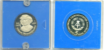 ГДР 5 марок 1981 450 лет со дня смерти Тильмана Рименшнейдера, тираж 5500 экз, в оригинальной упаковке KM 79 медно-никель PROOF 00-00