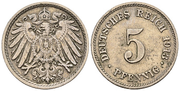 Германия 5 пфеннигов 1913 E, KM 11, J. 12 медно-никель 220-668