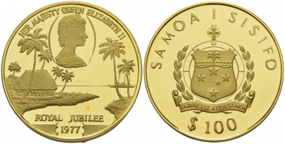 Самоа 100 тала 1977 25 лет правления Елизаветы II KM 25 золото PROOF 00-000-00