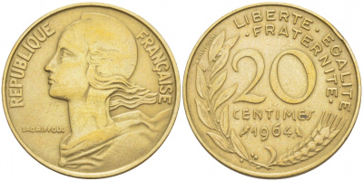 ФРАНЦИЯ 20 САНТИМОВ 1964 ТИП MARIANNE KM 930, LE FRANC 156.4 алюминиевая бронза 113-1225