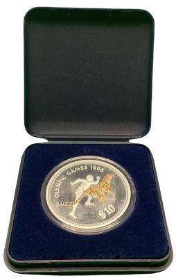 Намибия 10 долларов 1995 олимпийские игры 1996 года в Атланте США, бег с гепардом, цветная эмаль, в коробке KM 11 серебро PROOF 6-5-3-36