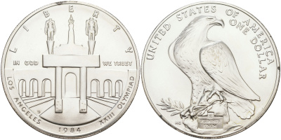 США 1 доллар 1984 XXII Олимпийские игры в Лос-Анжелесе, стадион, D KM 210 серебро UNC 00-00