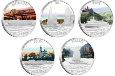 Тувалу набор из 5 монет 2010 великие реки мира, в оригинальной коробке, с сертификатом, цветная эмаль KM NEW серебро PROOF 14-01-02-04