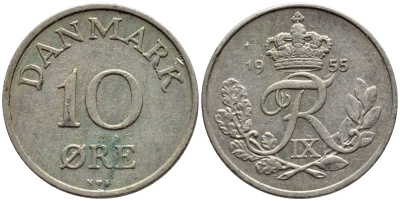 ДАНИЯ 10 ЭРЕ 1955 N; S, ФРЕДЕРИК IX (1947-1972) KM 841.1 медно-никель 4398-921