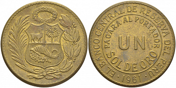 Перу 1 соль 1961 KM 222 латунь 118-911