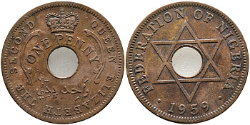 Нигерия 1 пенни 1959 Елизавета II (1952-), Британский протекторат KM 2 бронза 51-1847