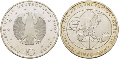 ФРГ 10 евро 2002 F, введение европейской валюты KM 215, DE.S. 10.1 серебро UNC 1082-9-22