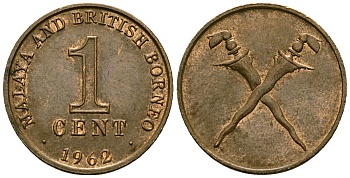 Малайя и Британское Борнео 1 цент 1962 Скрещенные мечи, британские колония KM 6 бронза 4136-864