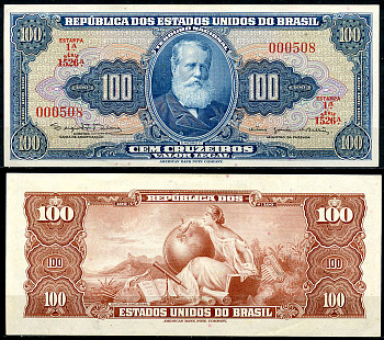 Бразилия 100 крузейро ND (1961-1964) Император Педру II, национальная культура, серия 1526 Pick 170 c  бумага  UNC (пресс) 451-434-3