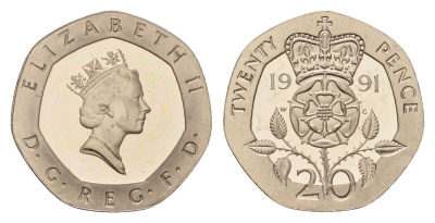 Великобритания 20 пенсов 1991 Елизавета II (1952-2022) KM 939, Spink G2 медно-никель PROOF 1529-525