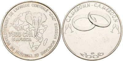Камерун 7500 франков 2006 свадьба X 31 латунь плакированная серебром UNC 3711-533