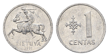 Литва 1 цент (сент) 1991 год-тип KM 85 алюминий 4689-1033