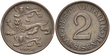 Эстония 2 цента 1934 Республика (1918-1941) KM 15 бронза 4585-1036
