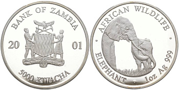 Замбия 5000 квача 2001 Африканские слоны KM 117 серебро PROOF 1091-3-64